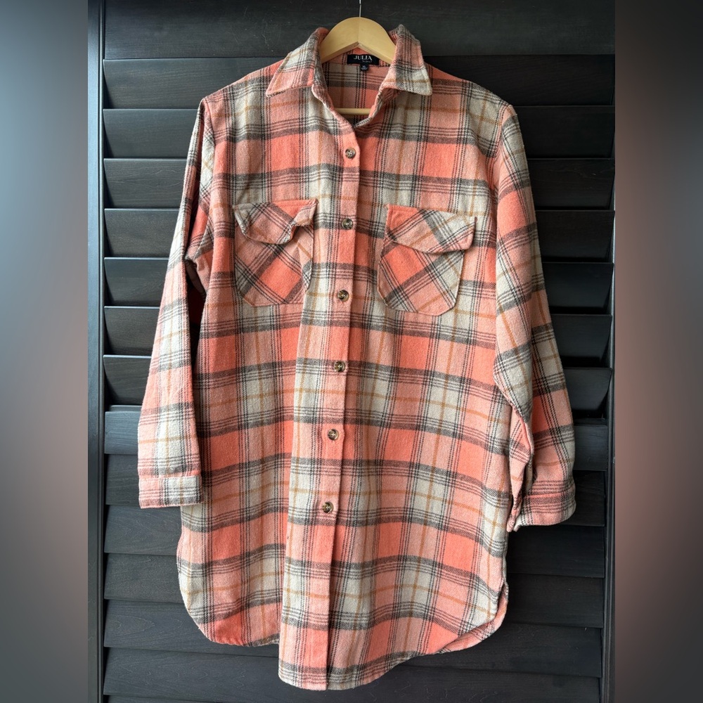 Julia by love J Women's XL Shacket Orange Tan Plaid hand pockets